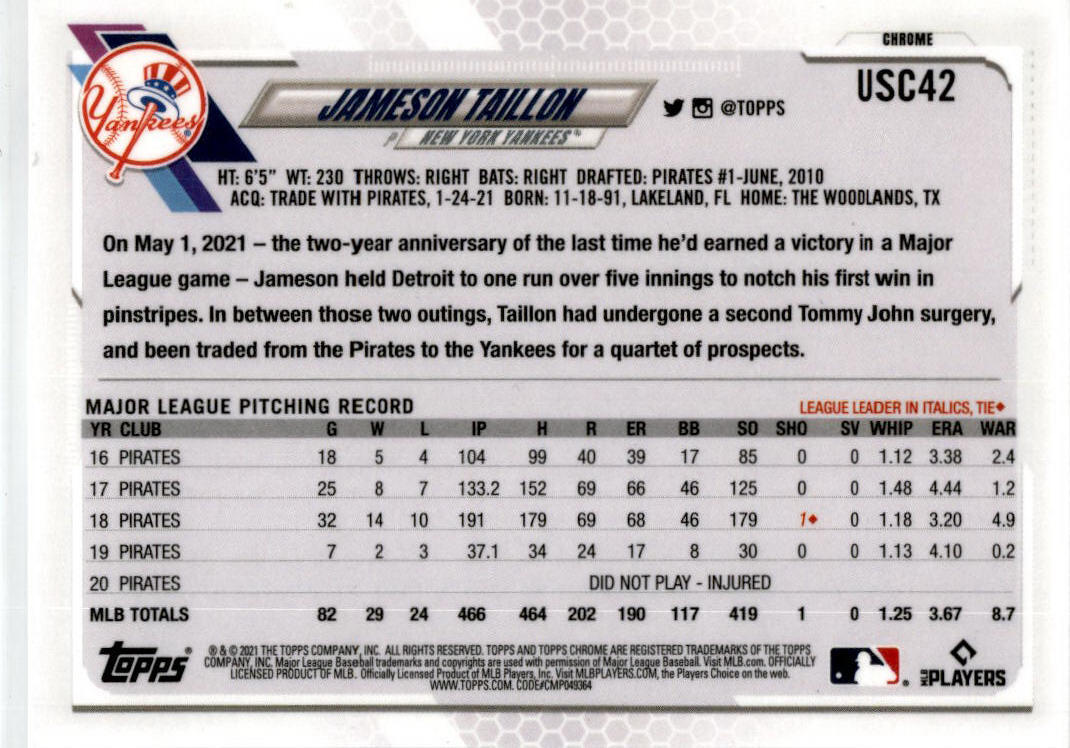 2021 Topps Chrome Update Purple Refractor #USC42 Jameson Taillon Yankees