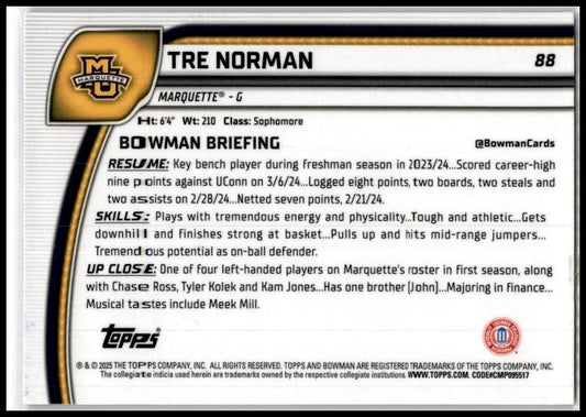 2024-25 Bowman University Chrome Purple Lava #88 Tre Norman Golden Eagles
