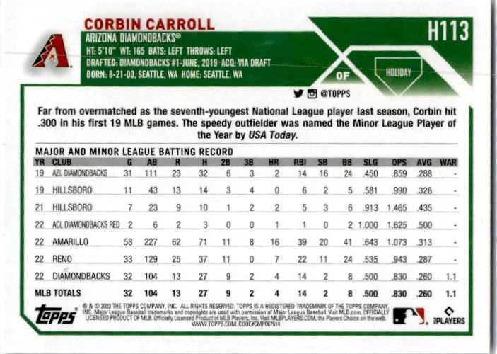 2023 Topps Holiday Santa Hat Candy Cane Bat SP #H113 Corbin Carroll Rookie