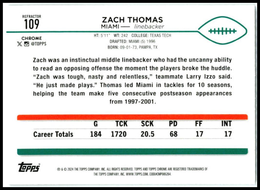 2024 Topps Chrome #109 Zach Thomas Miami Dolphins