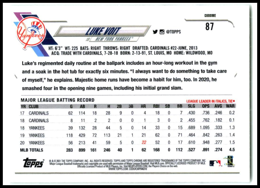 2021 Topps Gold Foil #186 Luke Voit New York Yankees