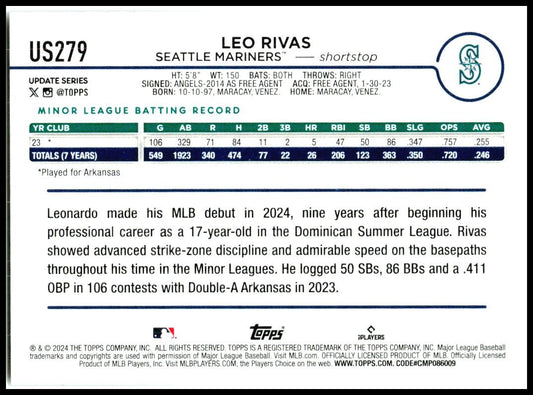 2024 Topps Update #US279 Leo Rivas Rookie Seattle Mariners