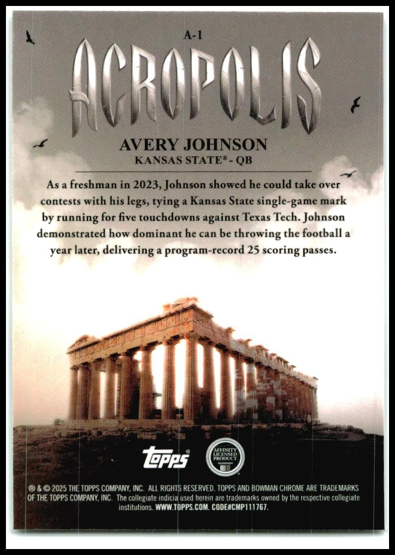 2025 Bowman Chrome University Acropolis #A-1 Avery Johnson Kansas State Wildcats