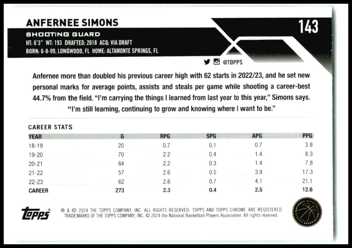 2023-24 Topps Chrome Negative Refractors #143 Anfernee Simons Portland