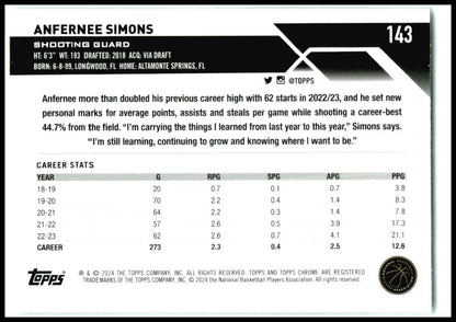 2023-24 Topps Chrome Negative Refractors #143 Anfernee Simons Portland