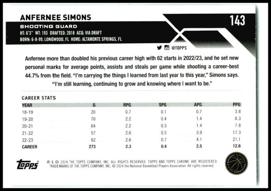 2023-24 Topps Chrome Negative Refractors #143 Anfernee Simons Portland