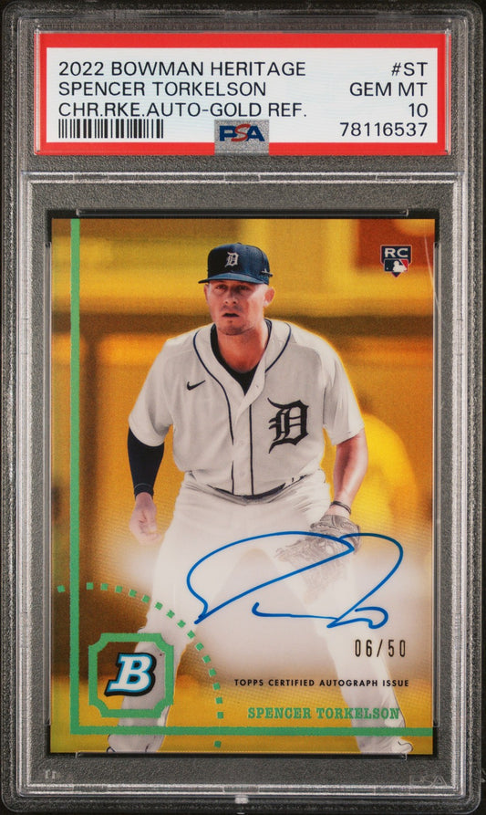 2022 Bowman Heritage Chrome Auto-Gold Spencer Torkelson Rookie Auto PSA 10 Gem