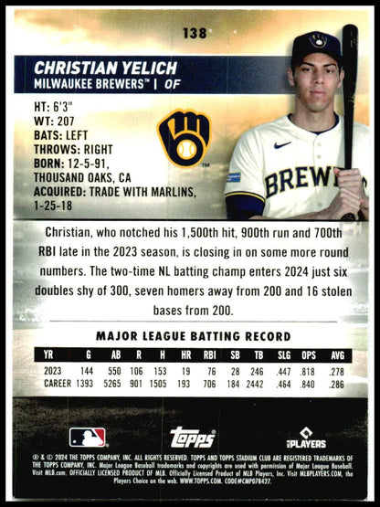 2024 Stadium Club #138 Christian Yelich Milwaukee Brewers
