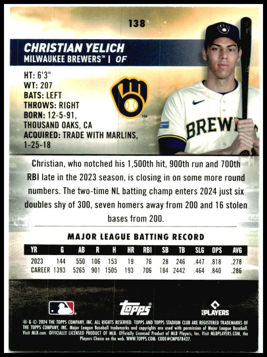 2024 Stadium Club #138 Christian Yelich Milwaukee Brewers