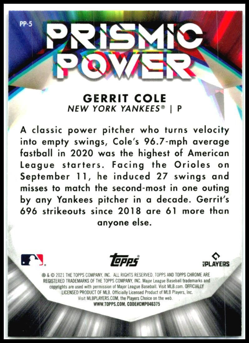 2021 Topps Chrome Prismic Power #PP-5 Gerrit Cole New York Yankees