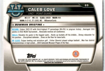 2022-23 Bowman University Chrome Pink #89 Caleb Love North Carolina Tar Heels