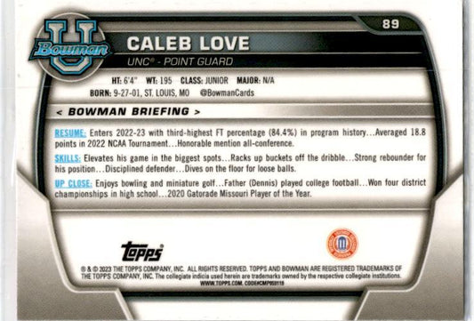 2022-23 Bowman University Chrome Pink #89 Caleb Love North Carolina Tar Heels