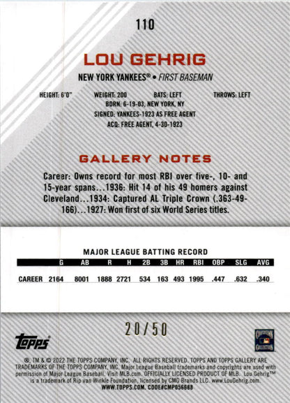 2022 Topps Gallery Blue Pattern #110 Lou Gehrig #/50 New York Yankees