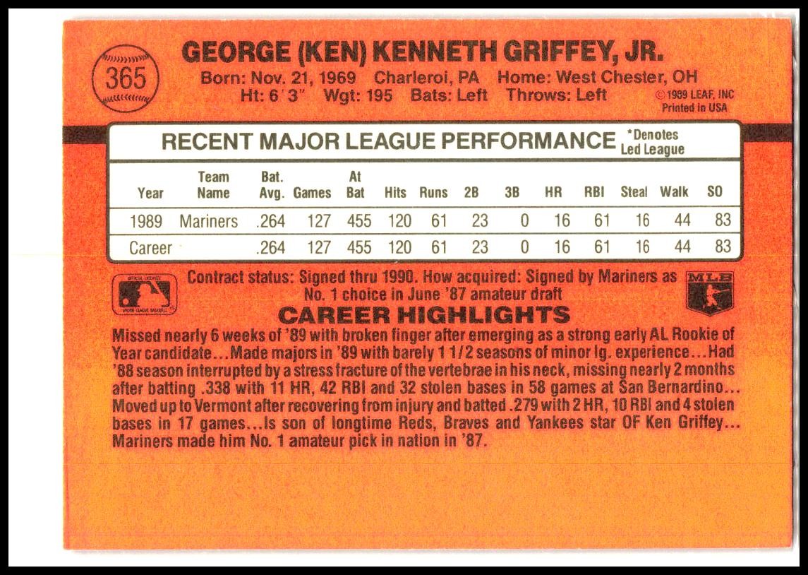 1990 Donruss #365 Ken Griffey Jr. Seattle Mariners