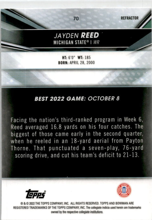 2022-23 Bowman's Best University #70 Jayden Reed Green Bay Packers / Spartans
