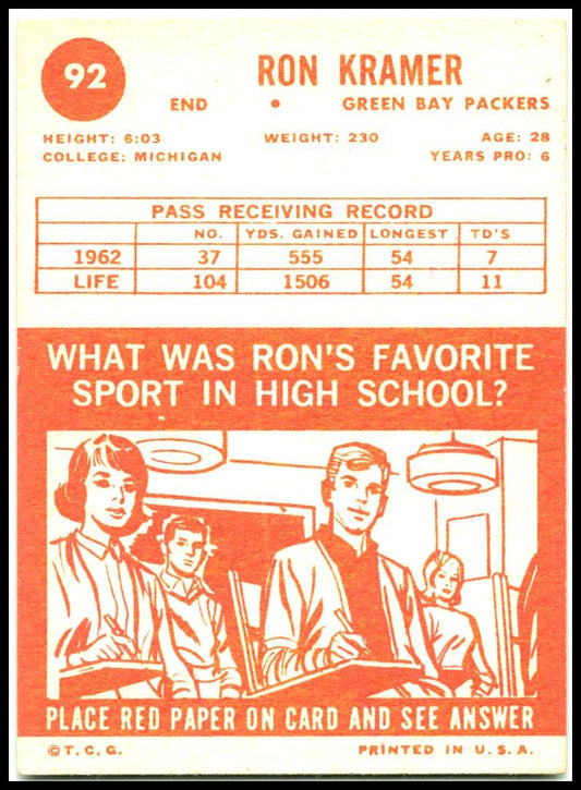 1963 Topps #92 Ron Kramer Green Bay Packers