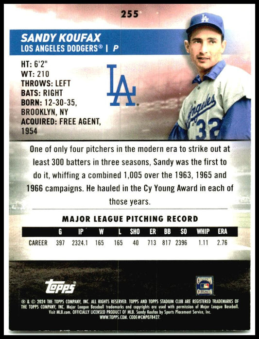 2024 Stadium Club #255 Sandy Koufax Los Angeles Dodgers