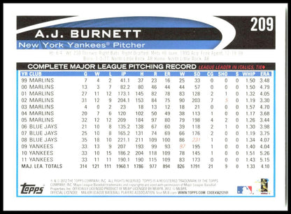 2012 Topps #209 A.J. Burnett New York Yankees