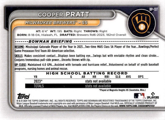 2024 Bowman #BP-137 Cooper Pratt Milwaukee Brewers