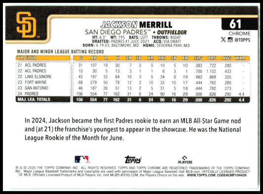 2025 Topps Chrome #61 Jackson Merrill San Diego Padres