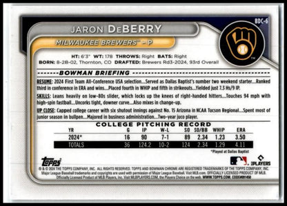 2024 Bowman Draft #BDC-6 Jaron DeBerry Milwaukee Brewers