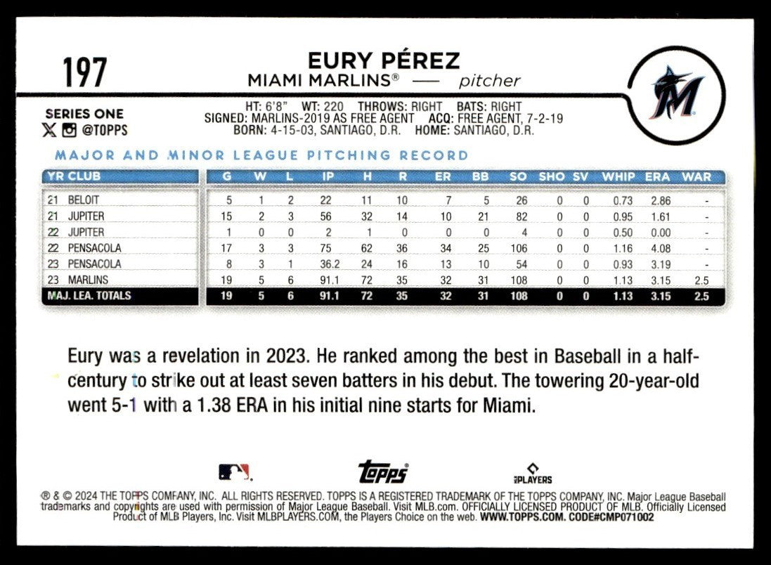2024 Topps Eury Perez Miami Marlins #197 Future Stars