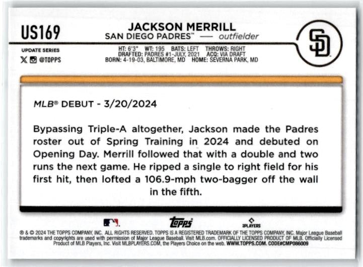2024 Topps Update #US169 Jackson Merrill San Diego Padres