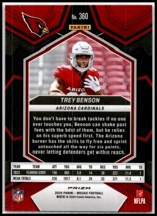 2024 Panini Mosaic Mosaic Reactive Blue #360 Trey Benson Arizona Cardinals