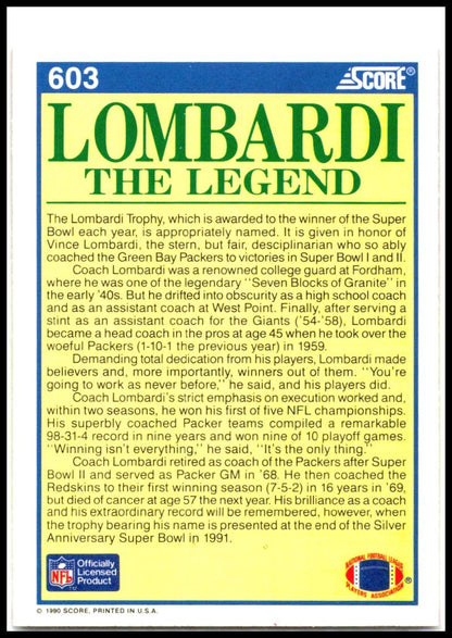 1990 Score #603 Lombardi the Legend
