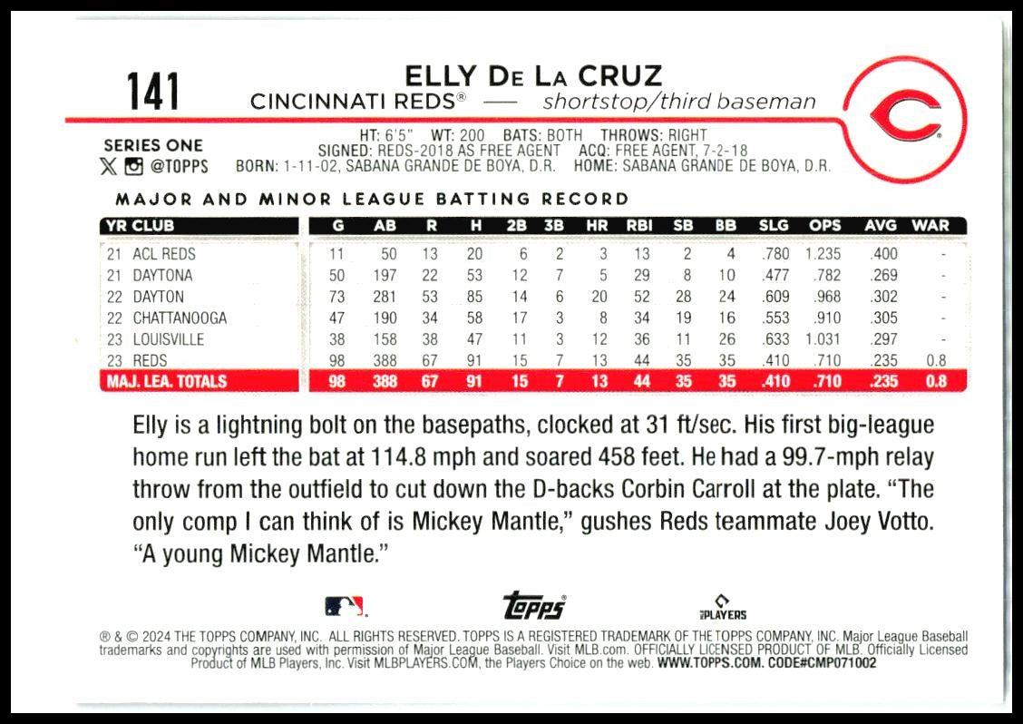 2024 Topps #141 Elly De La Cruz Rookie Cincinnati Reds