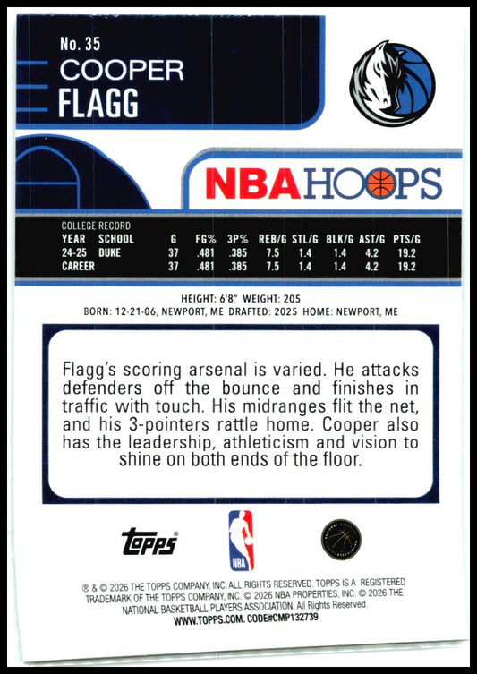 2025-26 Hoops #35 Cooper Flagg Rookie Dallas Mavericks