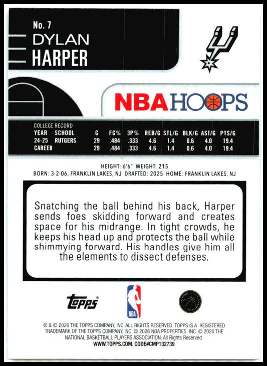 2025-26 Hoops #7 Dylan Harper San Antonio Spurs
