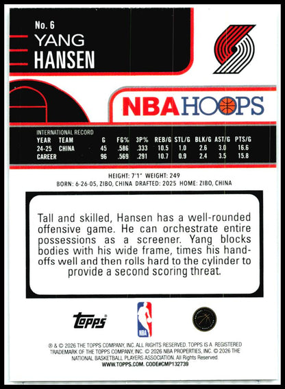 2025-26 Hoops #6 Yang Hansen Rookie Portland Trail Blazers