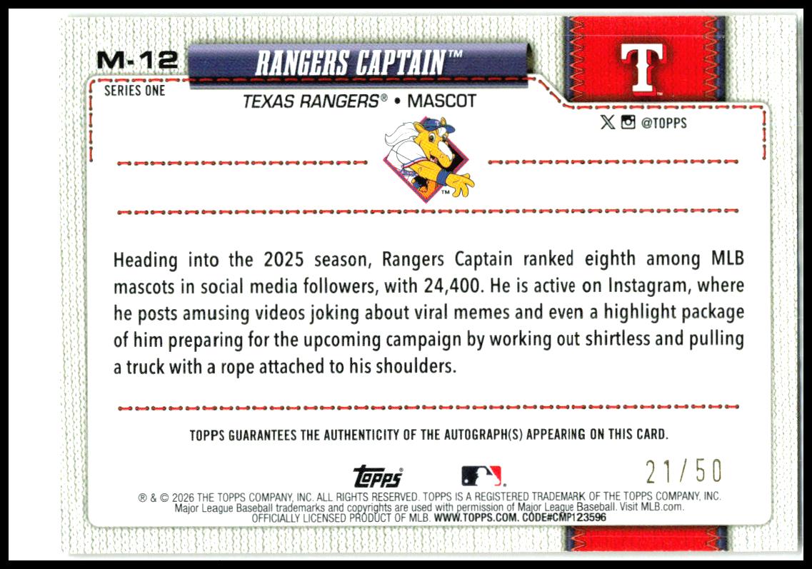 2026 Topps Mascots Gold Auto #/50 #M-12 Rangers Captain Auto Texas Rangers