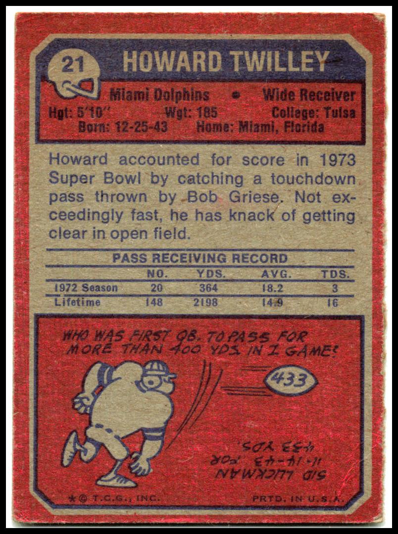1973 Topps #21 Howard Twilley Miami Dolphins