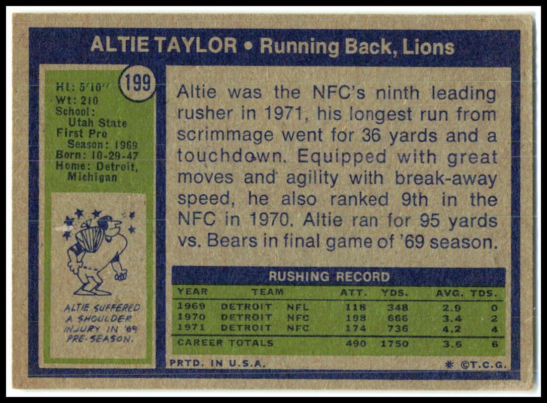 1972 Topps #199 Altie Taylor Detroit Lions
