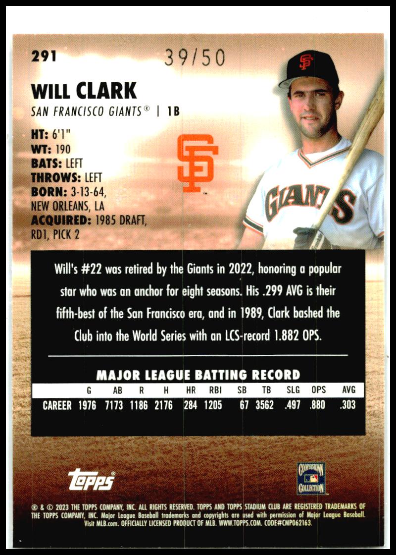 2023 Stadium Club Blue Foil #291 Will Clark #/50 San Francisco Giants