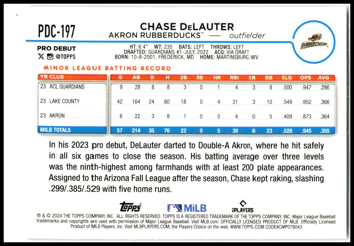 2024 Topps Pro Debut Gold Foil #PD-197 Chase DeLauter #/50