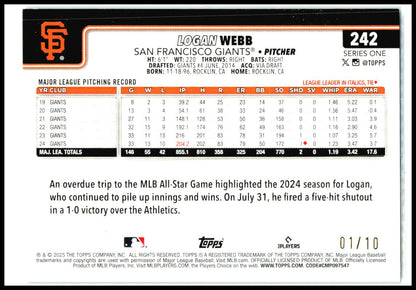 2025 Topps Black Sandglitter #/10 #242 Logan Webb San Francisco Giants