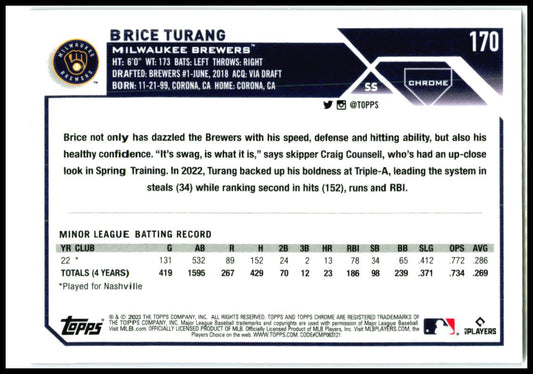 2023 Topps Chrome Purple Speckle Refractors #170 Brice Turang Brewers