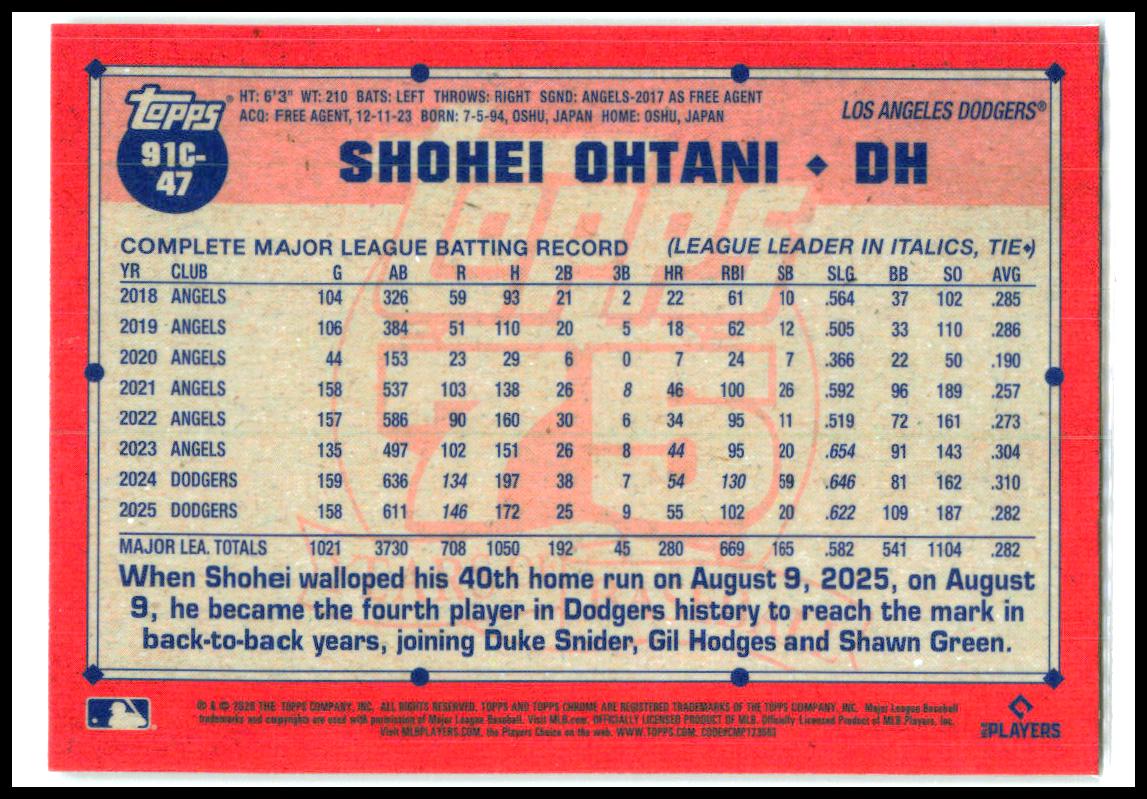 2026 Topps Chrome 1991 Topps 35th Anniversary Mojo #91C-47 Shohei Ohtani Dodgers