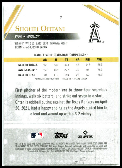 2021 Topps Gold Label Class 1 Black #7 Shohei Ohtani Los Angeles Angels