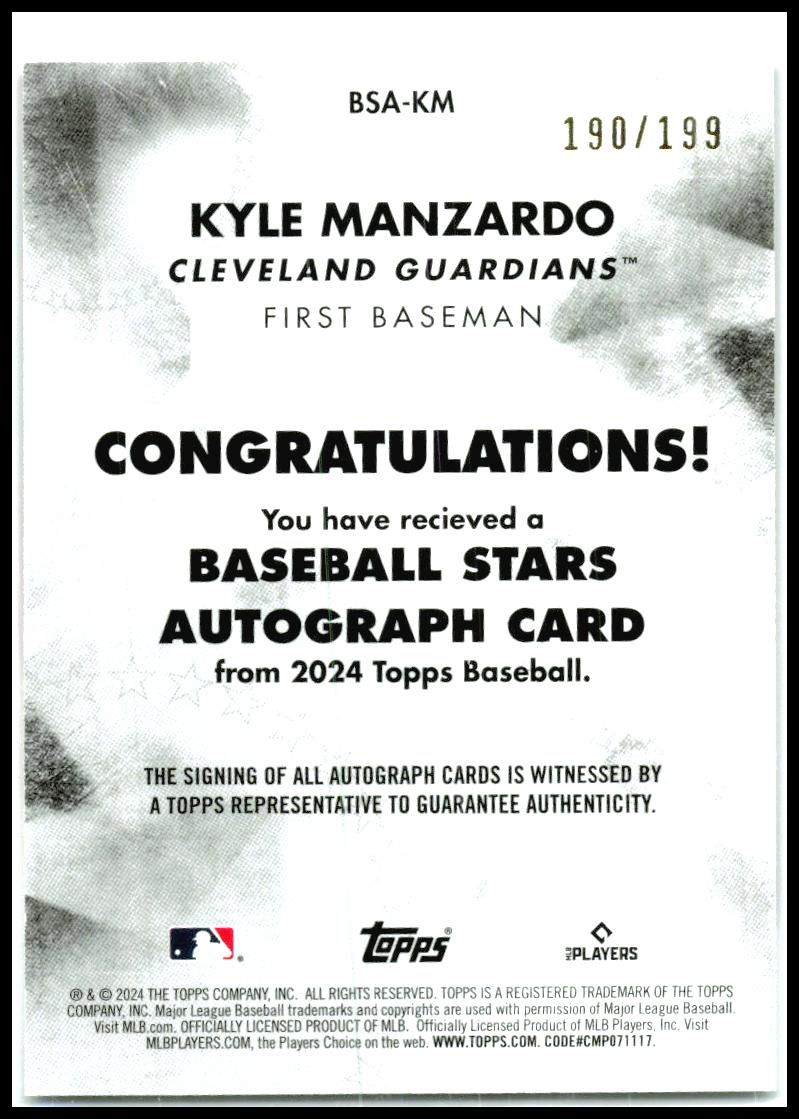 2024 Topps Update Baseball Stars Autographs #BSA-KM Kyle Manzardo Auto Guardians