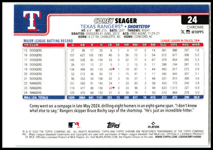 2025 Topps Chrome Green Speckle Refractors #24 Corey Seager #/99 Texas Rangers