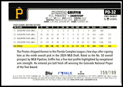 2025 Topps Pro Debut Pink #/199 #PD-32 Konnor Griffin FCL Pirates