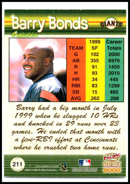 2000 Pacific Paramount Holo-Gold #211 Barry Bonds #/199 San Francisco Giants
