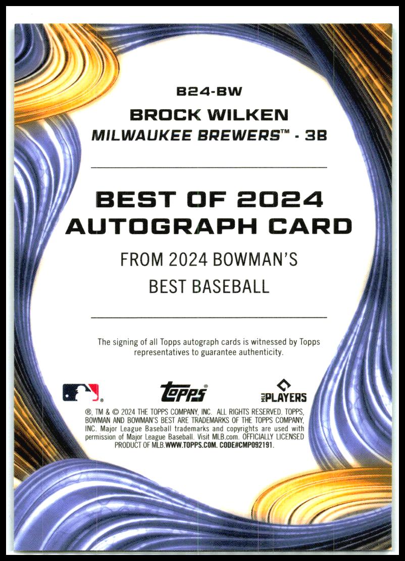 2024 Bowman's Best Best of 2024 Auto Teal #/15 #B24-BW Brock Wilken Auto Brewers