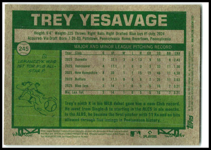 2026 Topps Heritage Chrome Black Refractors #245 Trey Yesavage Rookie Toronto