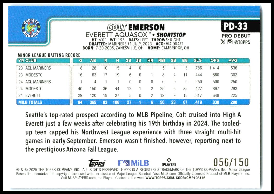 2025 Topps Pro Debut Blue Foil #PD-33 Colt Emerson #/150