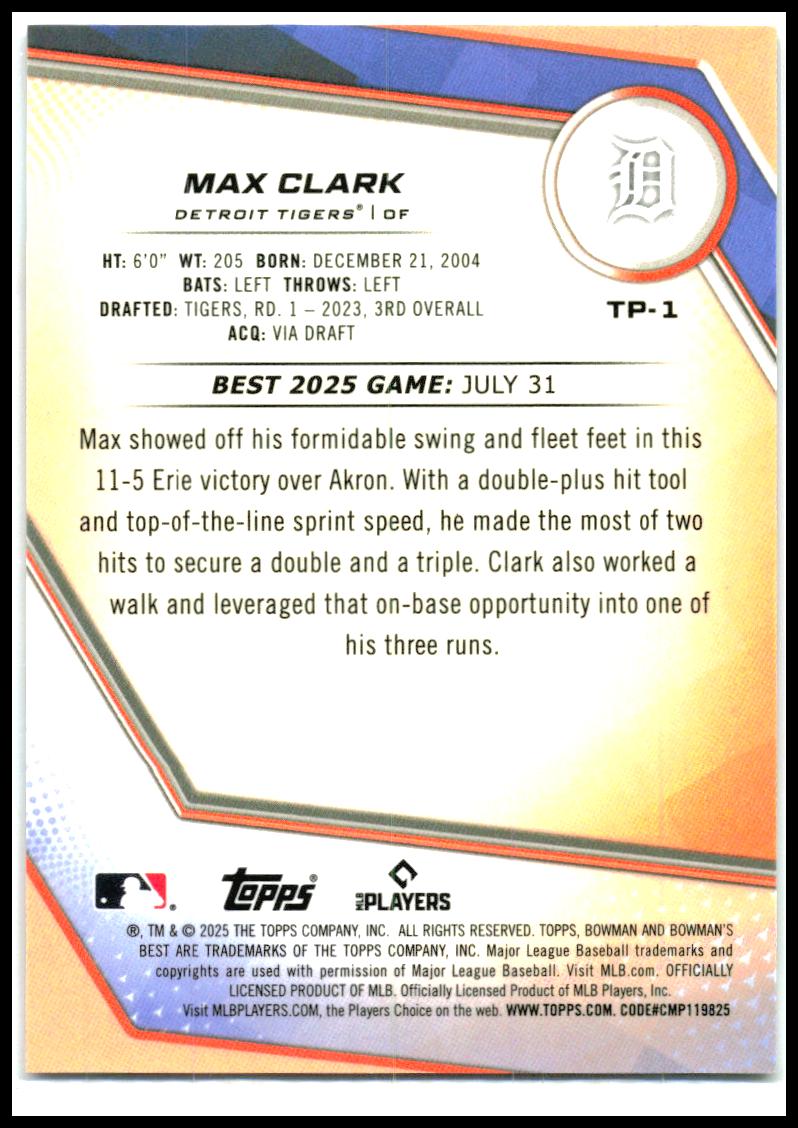 2025 Bowman's Best Orange Refractors #TP-1 Max Clark #/25 Detroit Tigers